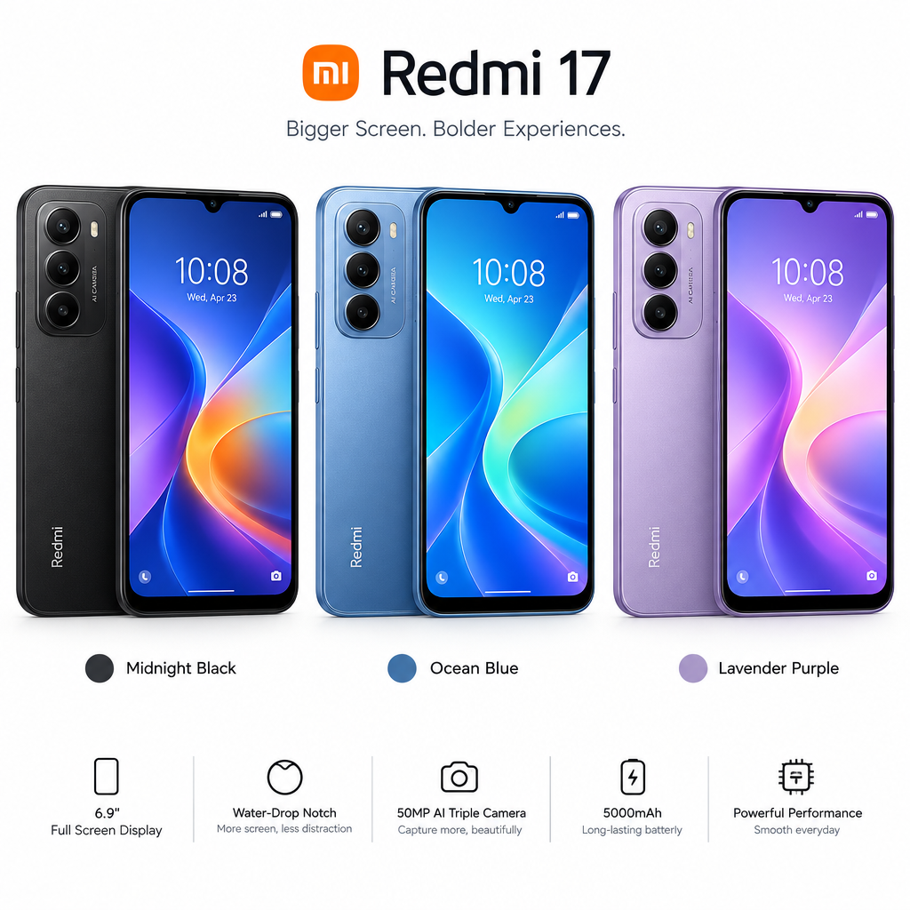 Xiaomi Redmi 17 vista frontal 3 colores Negro Azul Morado