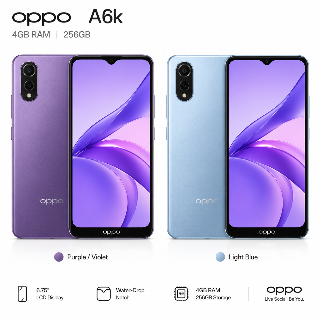 OPPO A6k - Vista frontal Violeta y Azul