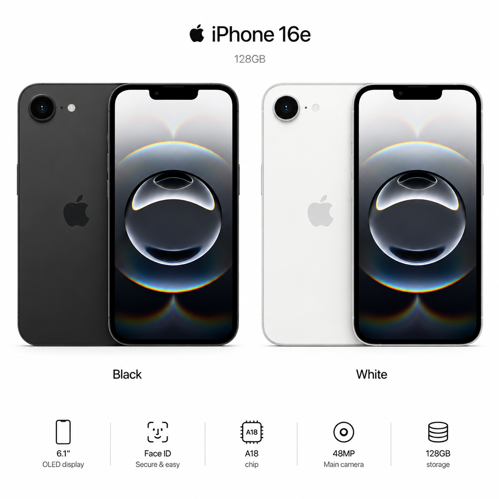 iPhone 16e - Vista frontal Negro y Blanco