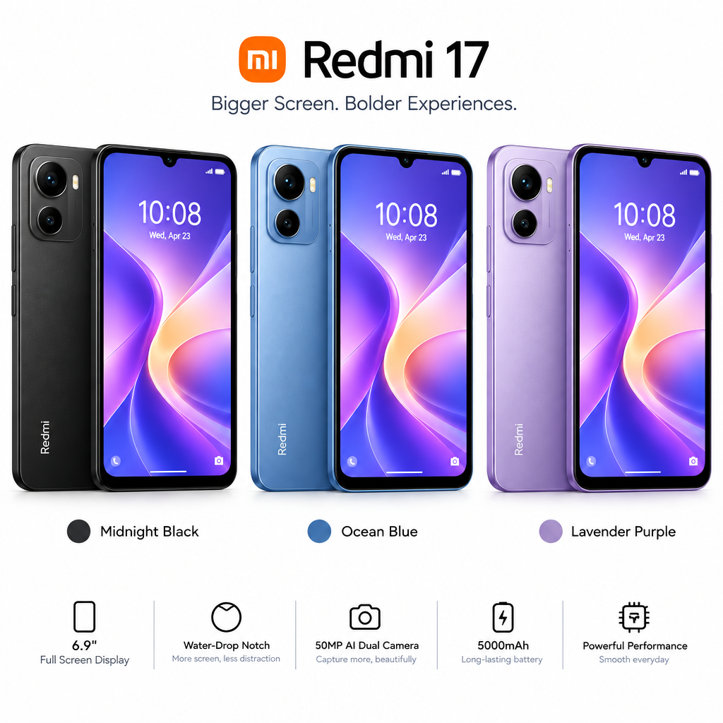 Xiaomi Redmi 17 256GB - Vista frontal Negro, Azul, Morado