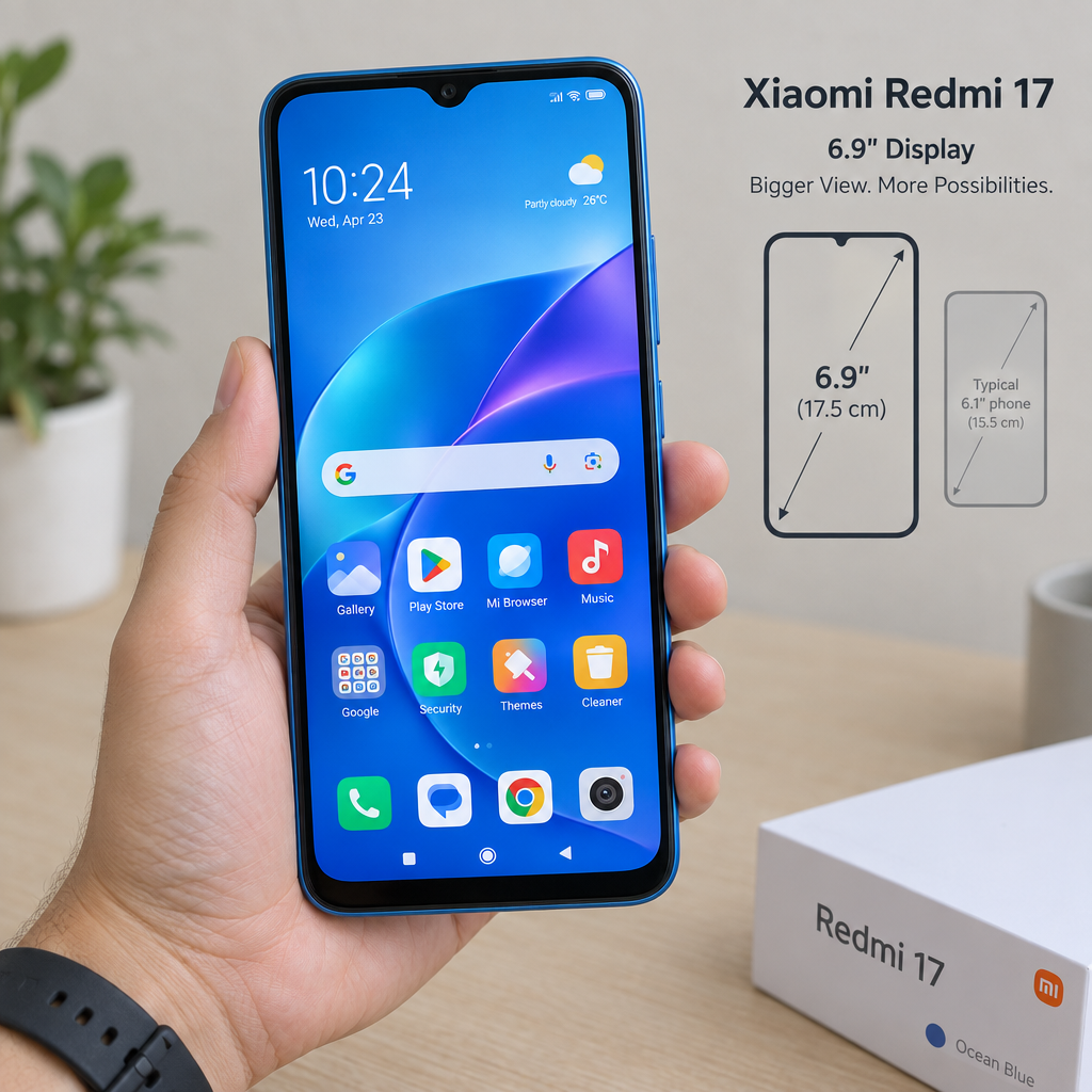 Xiaomi Redmi 17 en mano referencia tamaño 6.9 pulgadas