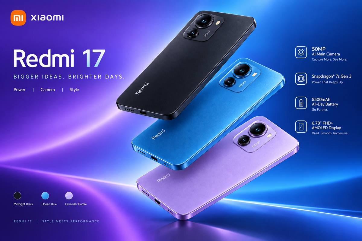 Xiaomi Redmi 17 banner 3 colores Negro Azul Morado 2 cámaras