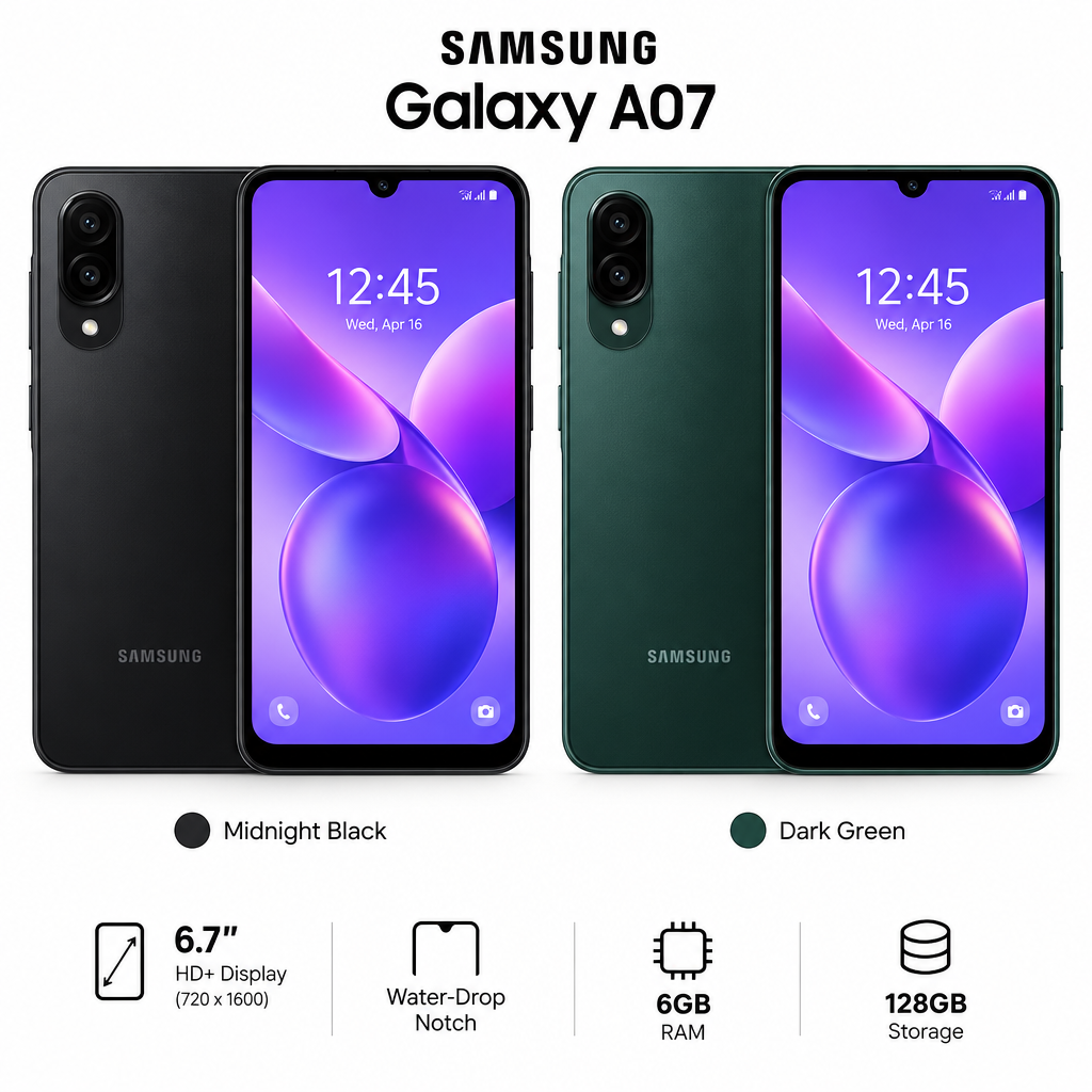 Samsung Galaxy A07 - Vista frontal Negro y Verde