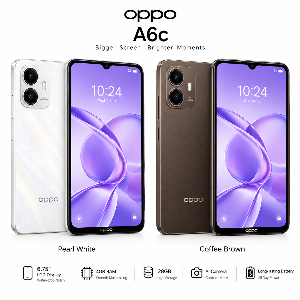 OPPO A6c - Vista frontal Blanco y Café